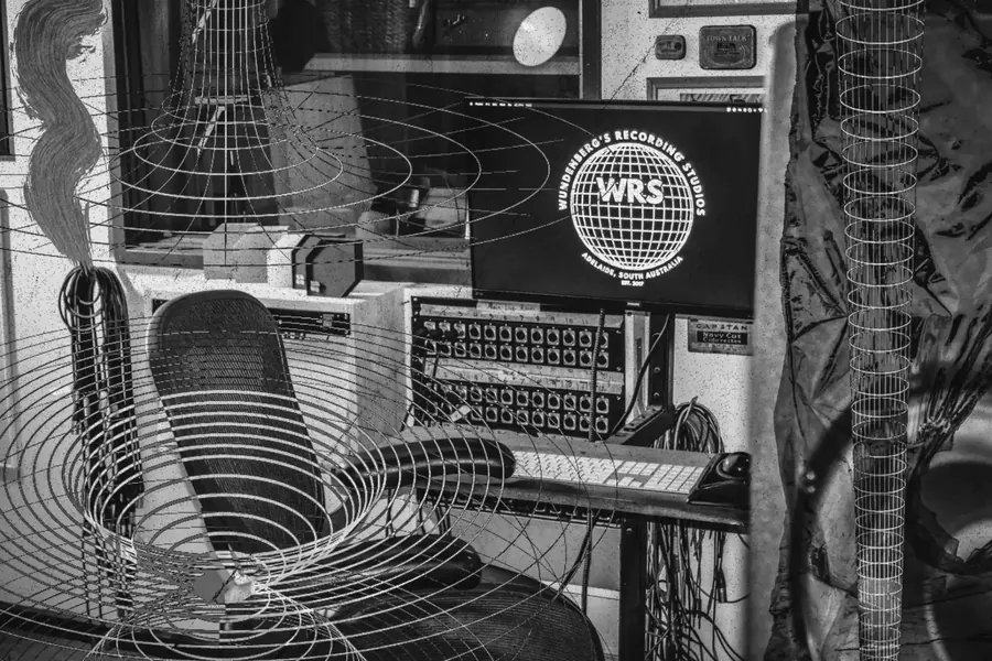 Black and white photo of the Studio desk and microphones