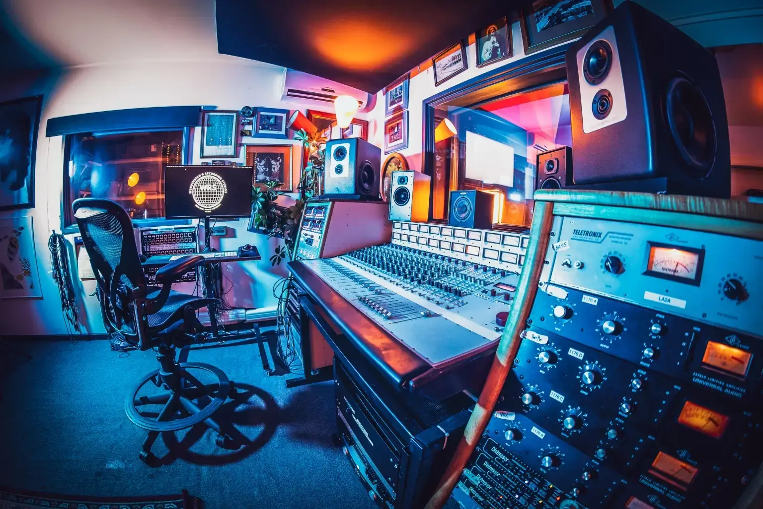 The Studio control room at Wundenberg's: Rupert Neve Designs 5088 console under blue light